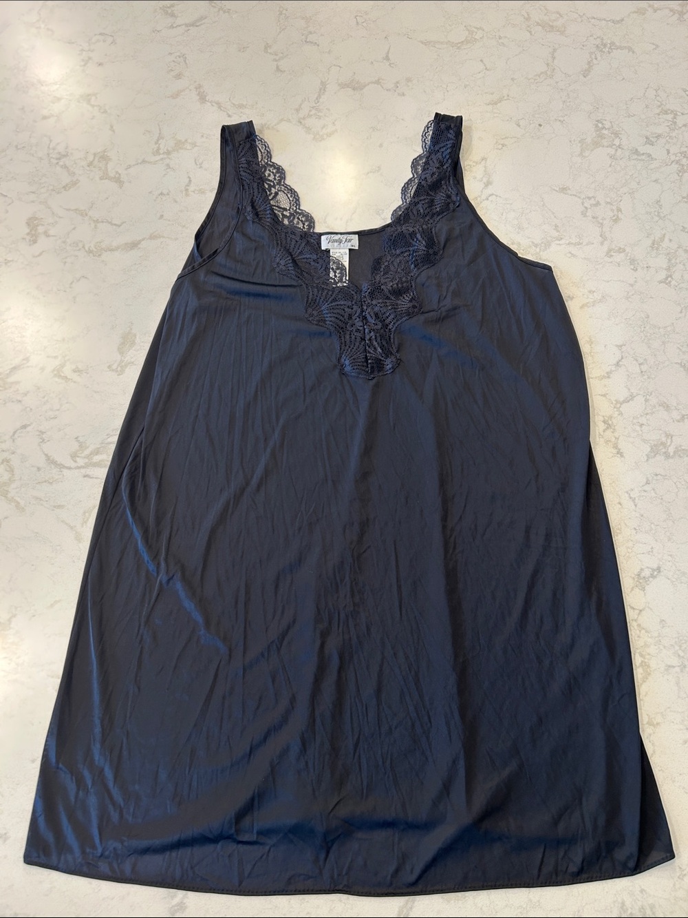 Vanity Fair Lace Trim V-Neck Intimates Sheer Nylon Slip Black XL
